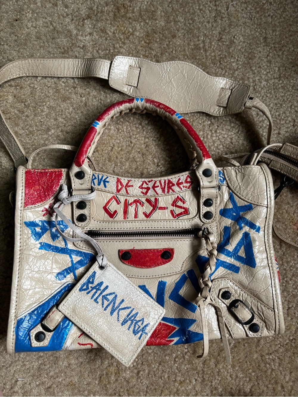 Balenciaga Cream Leather Graffiti Satchel with Blue and Red Accents